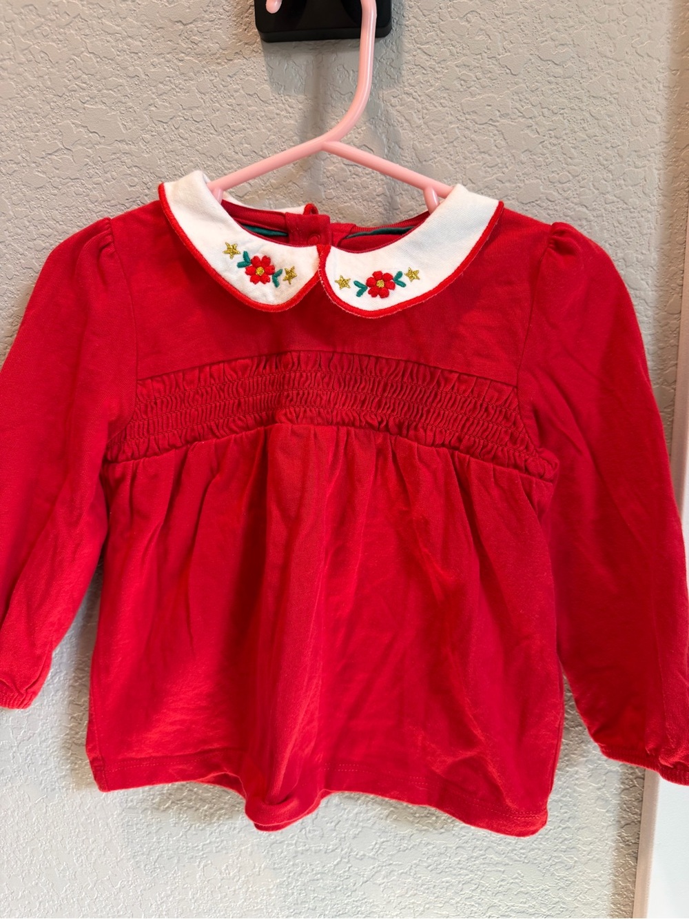 Baby Boden Red Long Sleeve Top with White Embroidered Peter Pan Collar